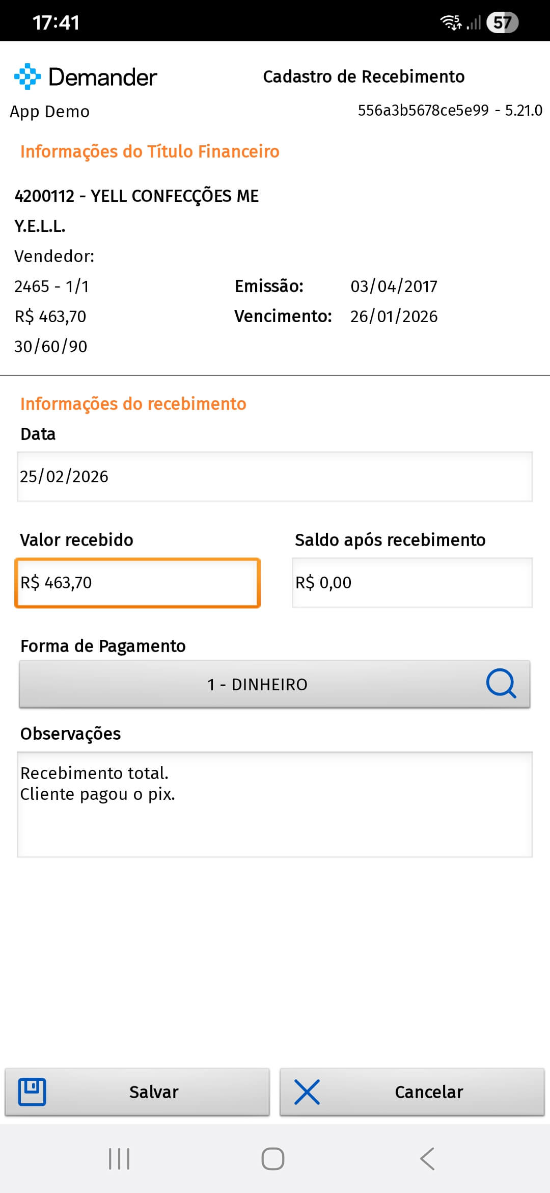 Recebimento financeiro
