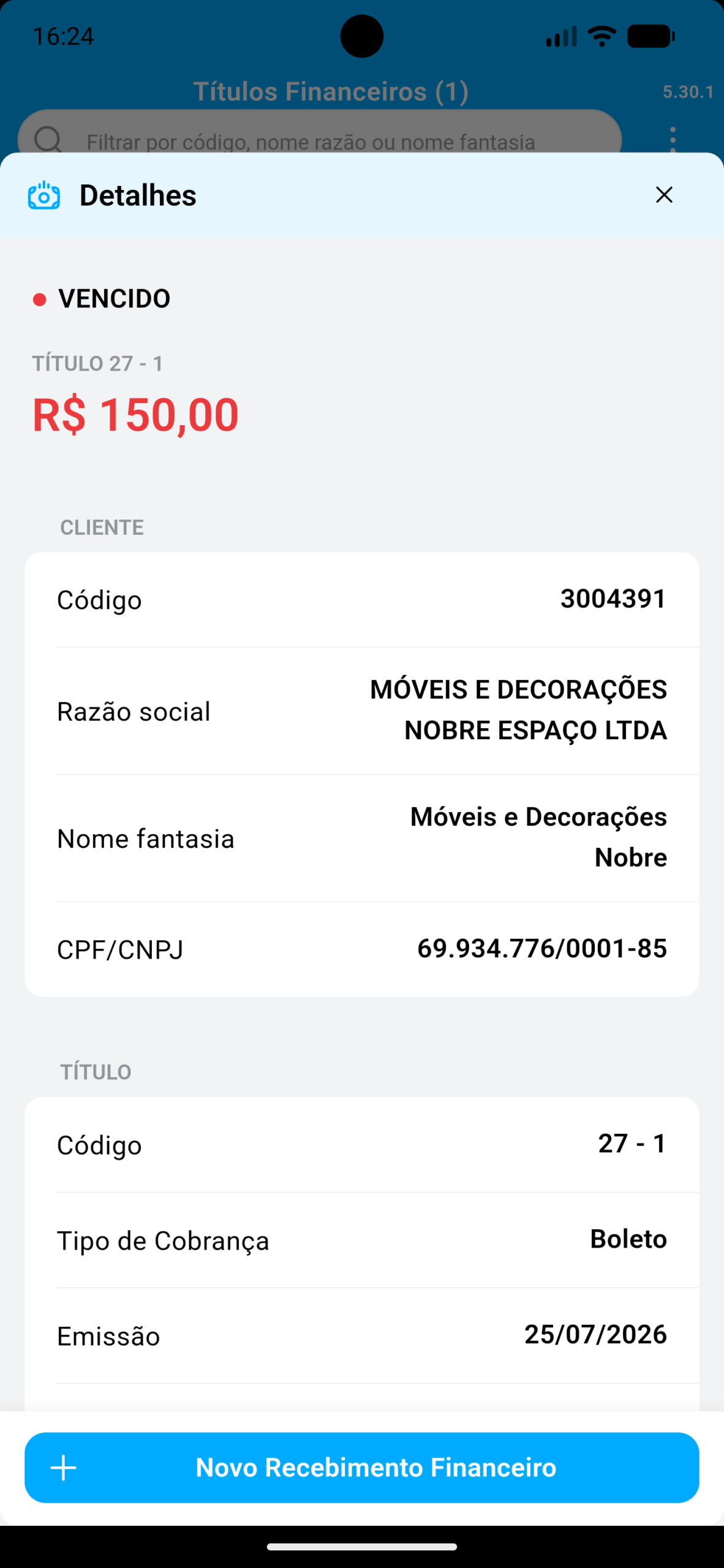 Recebimento financeiro